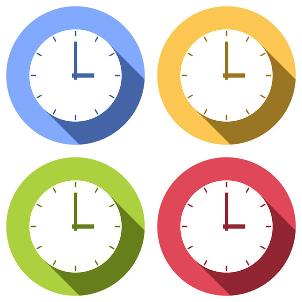 einfaches Uhr-Symbol. Set weißer Symbole mit langem Schatten auf blauen, orangen, grünen und roten Kreisen. Aufkleber-Stil - Vektor, Bild