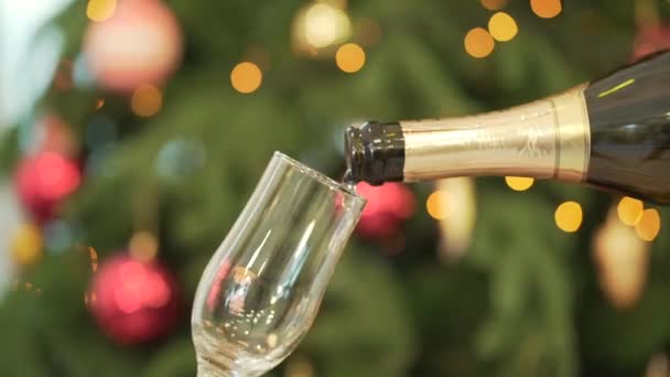 Close-up van champagne glazen binnenstromen, kerstboom op de achtergrond. Close-up van gieten champagne glas naast de kerstboom - Video