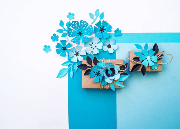 Gift wrapping in a box of craft paper for the holiday. Mother's Day and Valentine's Day. Material for wedding decor. - 写真・画像