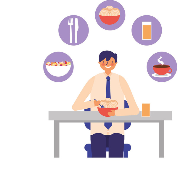 espaguetis de almuerzo de hombre de negocios en tazón con jugo
 - Vector, Imagen