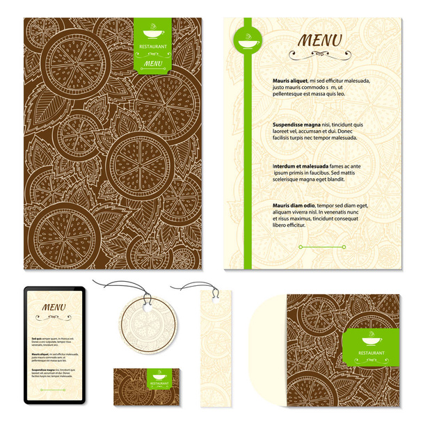 Restaurant menu with orange, lemon pattern. Citrus corporative identity vector background. Set of corporate identity templates with fruits. Menu, id card, banners, coffee cup and business card. - Vektor, obrázek