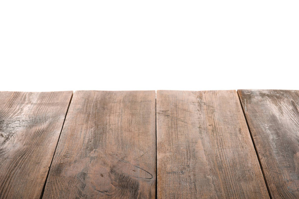 Superficie de mesa de madera vacía sobre fondo blanco
 - Foto, Imagen