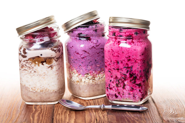 variety oatmeal with fresh berries in a jar - Photo, image
