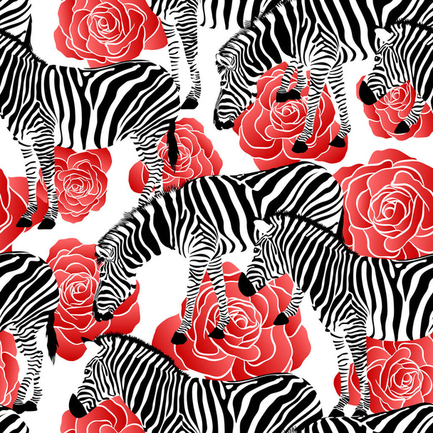 Zebra on red roses background, seamless pattern. Black and white strip, wild animal texture. design trendy fabric,  vector illustration. - Vector, Image