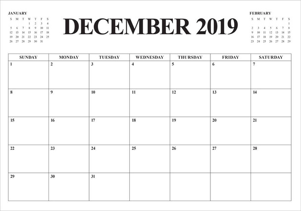 December 2019 Bureau agenda vectorillustratie, eenvoudige en schone ontwerp. - Vector, afbeelding