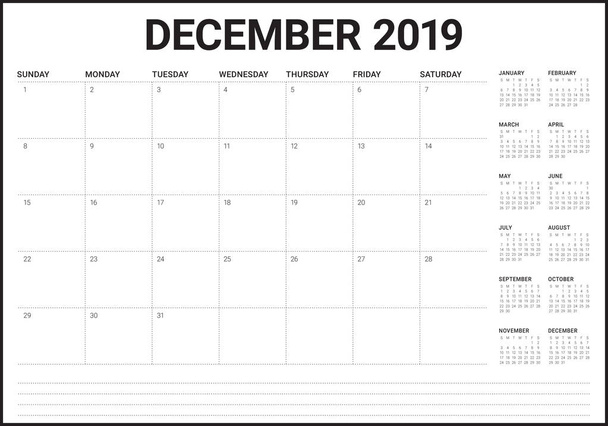 December 2019 asztali naptár vektoros illusztráció, egyszerű és tiszta design. - Vektor, kép