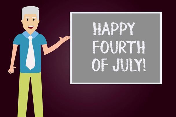 Fogalmi kézi írás, boldog július negyedike mutatja. Üzleti fénykép szöveget az amerikai függetlenség napja ünnep férfi nyakkendő beszél bemutató üres Color tér Board. - Fotó, kép