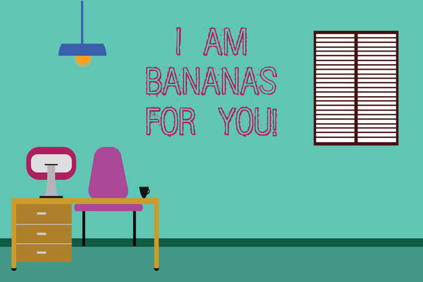 Conceptual hand writing showing I Am Bananas For You. Business photo showcasing To be crazy for someone in loved happy emotion Minimalist Interior Computer and Study Area Inside a Room. - Photo, Image
