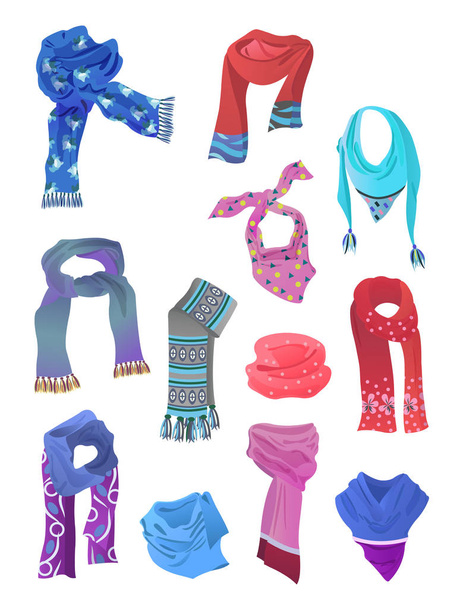 Set di sciarpe per ragazze, per la primavera e l'inverno, diversi colori, forme, isolato su sfondo bianco
.  - Vettoriali, immagini