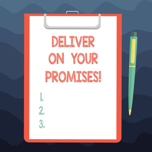 Escrevendo nota mostrando Deliver On Your Promises. Exibição de fotos de negócios Faça o que você prometeu Comunicado de compromisso Folha de papel Bond na área de transferência com caneta esferográfica Espaço de texto
. - Foto, Imagem