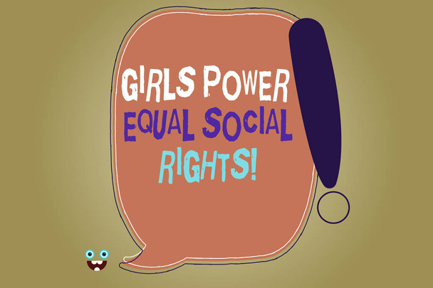 Writing note showing Girls Power Equal Social Rights. Business photo showcasing Feminism men and women gender equality Blank Color Speech Bubble Outlined with Exclamation Point. - Photo, Image