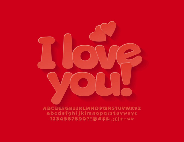 Red vector I Love you card for Saint Valentines Day. Cute Alphabet Letters, Numbers and Symbols with Shadow. - Vector, Image