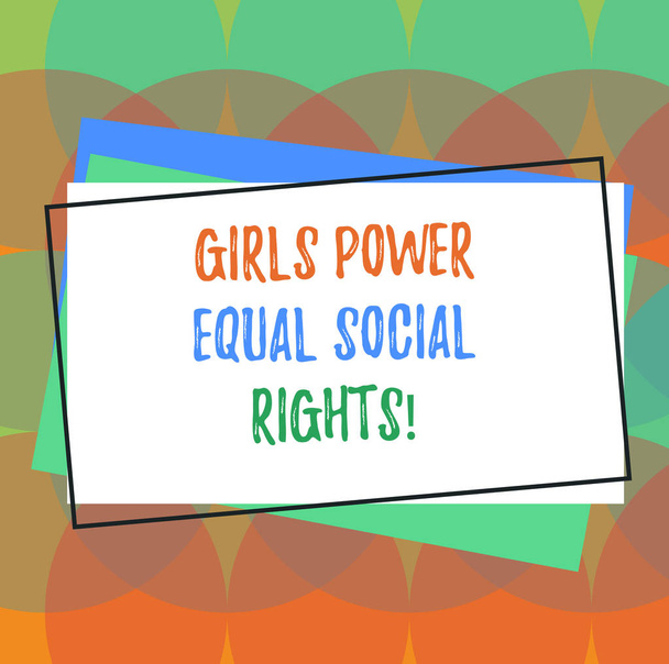 Tekst znaku wskazującym dziewczyny Power równych praw socjalnych. Koncepcyjne zdjęcie feminizm równości płci mężczyzn i kobiet stos z puste prostokątne opisane różnych kolorów papieru budowlane. - Zdjęcie, obraz