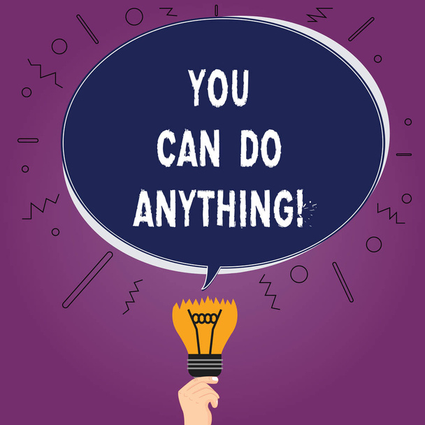 Text sign showing You Can Do Anything. Conceptual photo Motivation for doing something Believe in yourself Blank Oval Color Speech Bubble Above a Broken Bulb with Failed Idea icon. - Photo, Image