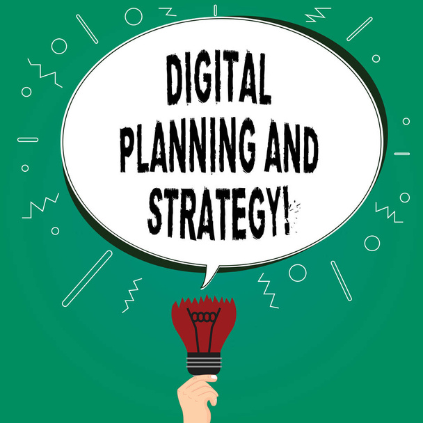 Handwriting text writing Digital Planning And Strategy. Concept meaning Marketing Analysis Business development Blank Oval Color Speech Bubble Above a Broken Bulb with Failed Idea icon. - Photo, Image