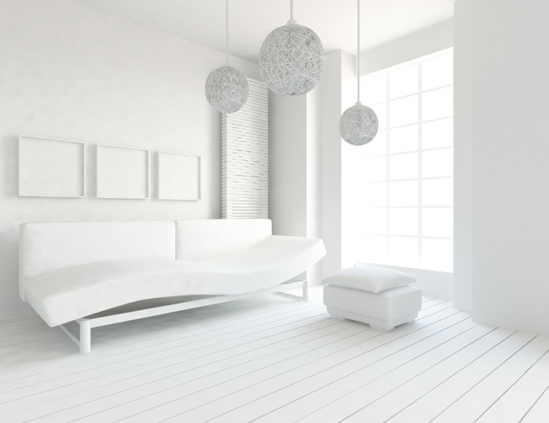 Идея белого скандинавского интерьера гостиной с диваном. Дом нордический интерьер. 3D иллюстрация
  - Фото, изображение