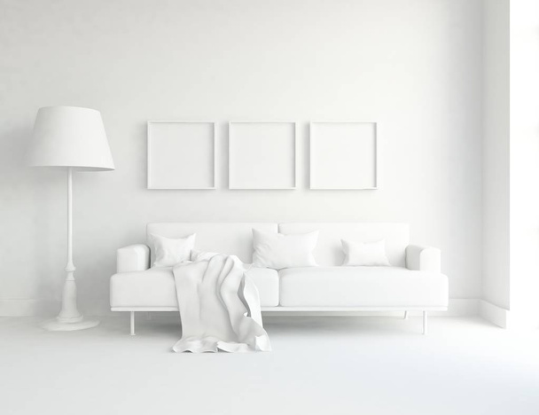 Idea of a white scandinavian living room interior with sofa   . Home nordic interior. 3D illustration  - Foto, immagini