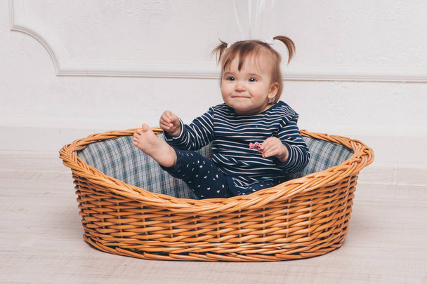 little girl sitting in basket on white background - Фото, изображение