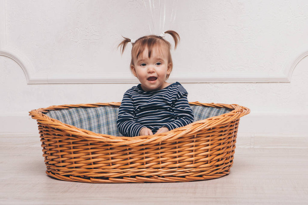 little girl sitting in basket on white background - Фото, изображение