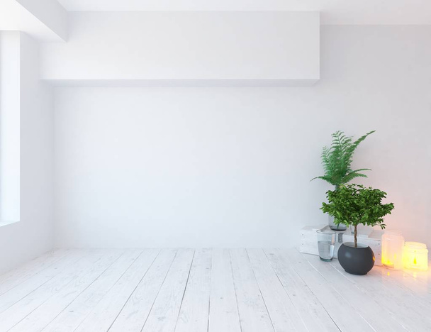 Idea of a white empty scandinavian room interior with plants on wooden floor . Home nordic interior. 3D illustration  - 写真・画像