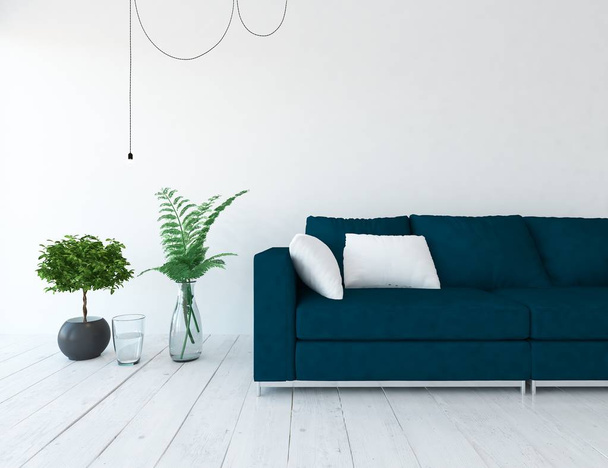 Η ιδέα της ένα εσωτερικό λευκό Σκανδιναβική σαλόνι με καναπέ, φυτά και ξύλινο δάπεδο. Αρχική Σκανδιναβικές εσωτερικό. 3D απεικόνιση  - Φωτογραφία, εικόνα