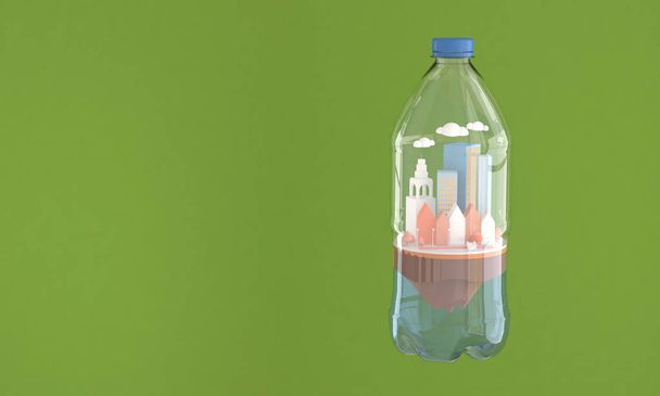 koncepció illusztráció város probléma műanyag szennyezés, cily sziget, a palackban  - Fotó, kép