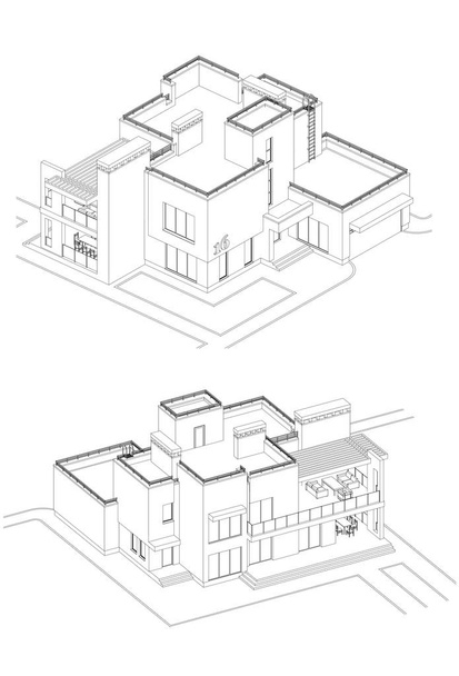Векторный набор фасадов частных домов, детальный архитектурный технический чертеж, изометрический, воздушный вид
 - Вектор,изображение