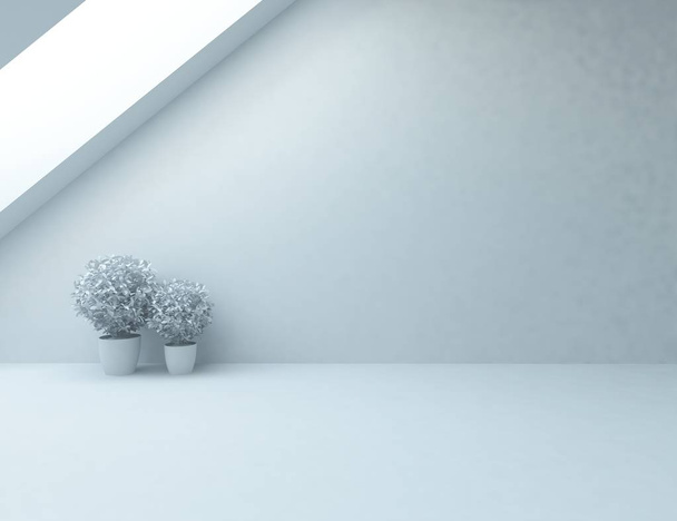 Idee eines weißen leeren skandinavischen Raumes mit Vasen auf Holzboden. Heimat nordischen Inneren. 3D-Illustration  - Foto, Bild