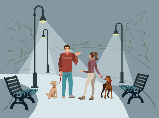 Os jovens (homem e mulher) caminham no parque com seus cães à noite quando as lanternas acesas. Ilustração vetorial de pessoas com animais de estimação na rua
 - Vetor, Imagem