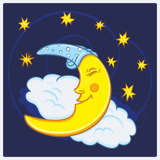 Moon sleeping on a cloud with stars in the night sky. Vector illustration Cute cartoon moon - Вектор,изображение