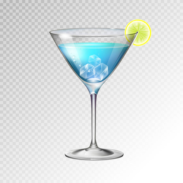 Realistic cocktail blue lagoon glass vector illustration on transparent background - Vektör, Görsel