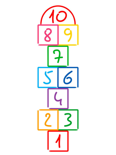 ilustración con el juego de hopscotch. Dibujado en tiza de color. ilustración vectorial plana aislada sobre fondo blanco. juego de niños
 - Vector, Imagen