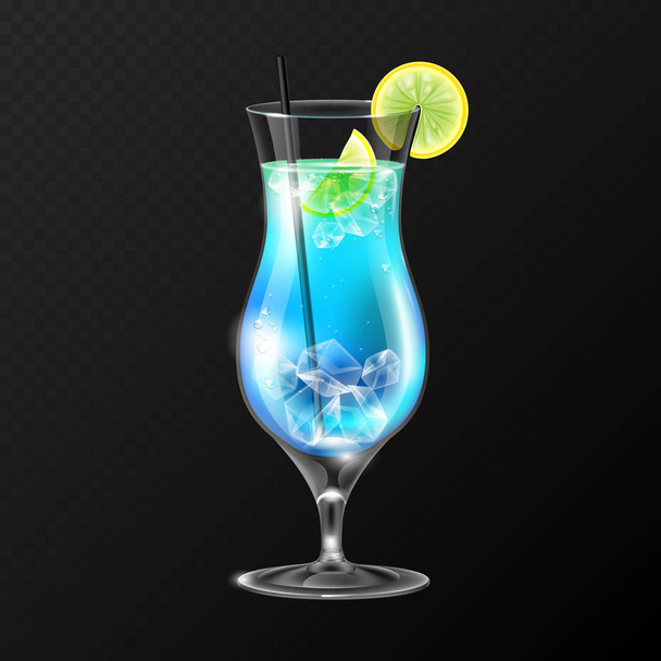 Realistic cocktail blue lagoon glass vector illustration on transparent background - Vecteur, image