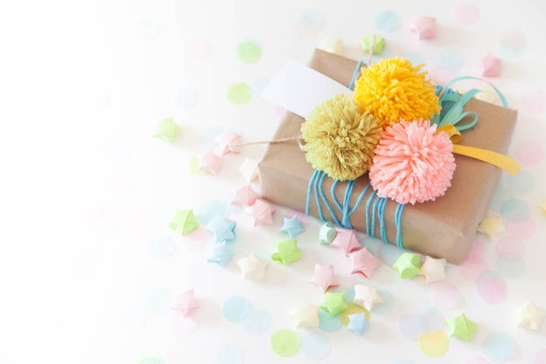 Colored gift boxes with colorful ribbons and pompon. white backg - Foto, immagini