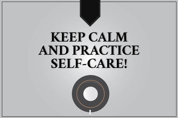 Writing note showing Keep Calm And Practice Self Care. Business photo showcasing Be quiet have a healthy lifestyle Coffee Cup Top View Reflection on Blank Color Snap Planner. - Photo, Image
