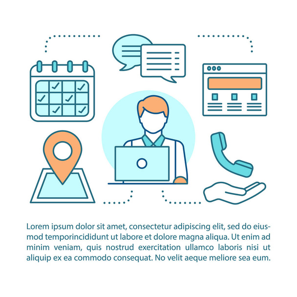 Contact us concept linear illustration. Information center. Infocenter. Call center. Hotline. Article, brochure, magazine page layout. Thin line icons with text boxes. Vector isolated outline drawing - Vector, Image