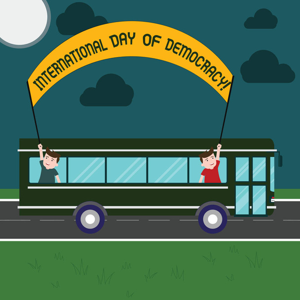 Word metin uluslararası gün demokrasi yazma. İş kavramı kutlayan iki çocuklar içinde okul otobüsü tutarak dışarı afiş bir gün gezi sopayla dünya çapında oy verme hakkı için. - Fotoğraf, Görsel