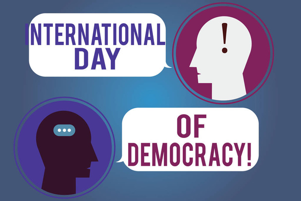 Word writing text International Day Of Democracy. Business concept for Celebrating voting rights around the world Messenger Room with Chat Heads Speech Bubbles Punctuations Mark icon. - Photo, Image