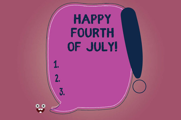 Conceptuele hand schrijven waaruit blijkt van de gelukkig Fourth Of July. Zakelijke foto tekst viering van de dag van de onafhankelijkheid van de Verenigde Staten van Amerika leeg kleur toespraak Bubble geschetst met uitroepteken. - Foto, afbeelding