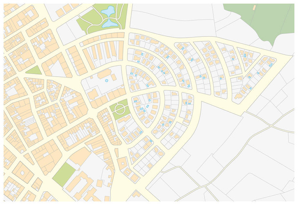Az épületekkel és utcákkal körülvett terület képzeletbeli kataszteri térképe - Vektor, kép