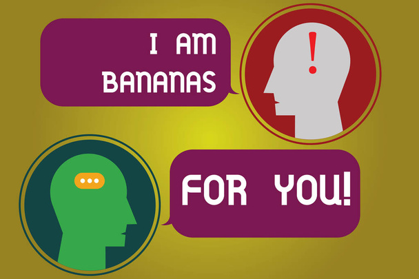 Tekstimerkki, jossa lukee "Olen banaania sinulle". Käsitteellinen kuva Olla hullu joku rakasti onnellisia tunteita Messenger Room Chat Heads Puhe Bubbles välimerkit Mark kuvake
 - Valokuva, kuva