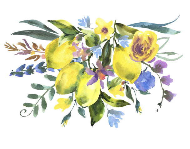 Открытка с цветами акварелью, ветвь свежего цитрусового лимона, зеленые листья и полевые цветы, Натуральная иллюстрация на белом фоне
 - Фото, изображение