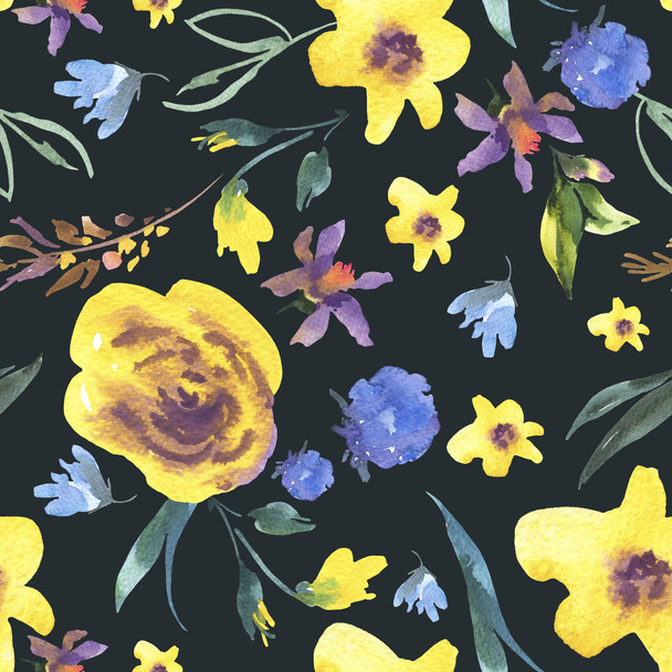 Vintage Watercolor Floral Seamless Pattern with Bright Wildflowers, Natural Summer Illustration, Blue and Yellow Flowers on white background - Photo, Image