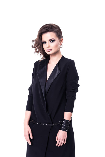 Stylish young model in black clothes posing on white background - Φωτογραφία, εικόνα