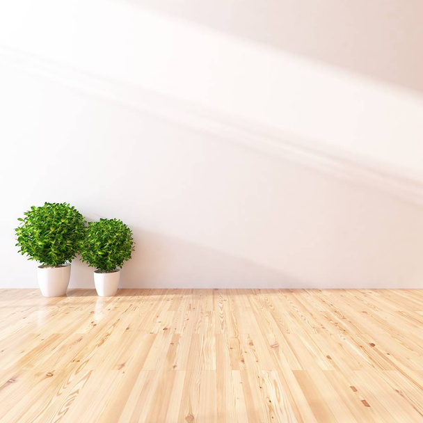 Idee eines weißen leeren skandinavischen Raumes mit Pflanzen auf Holzboden. Heimat nordischen Inneren. 3D Illustration - Illustration - Foto, Bild
