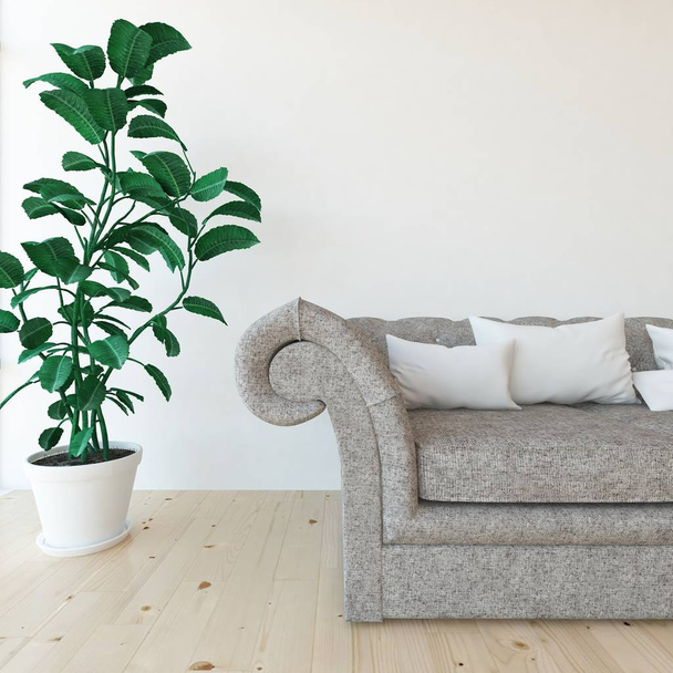 Idea of scandinavian living room interior with sofa, plant and wooden floor. Дом нордический интерьер. 3D иллюстрация
  - Фото, изображение