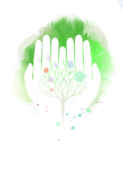 Double exposure illustration. Human hands holding tree symbol with watercolor. Concept illustration for environment care or help project. Digital art painting. - Photo, Image