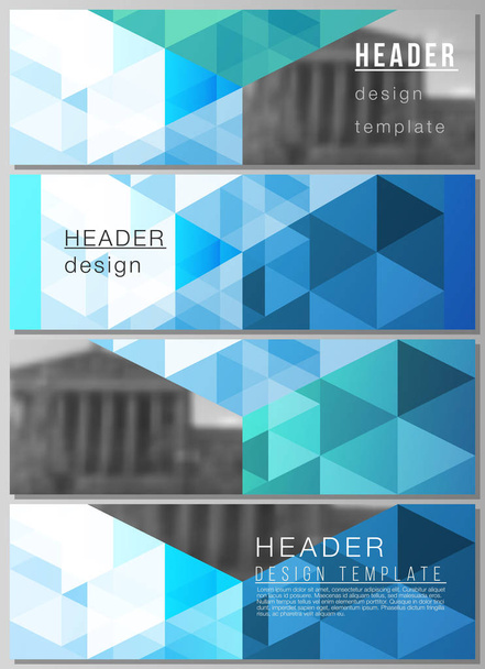 The minimalistic vector illustration of the editable layout of headers, banner design templates. Blue color polygonal background with triangles, colorful mosaic pattern. - ベクター画像