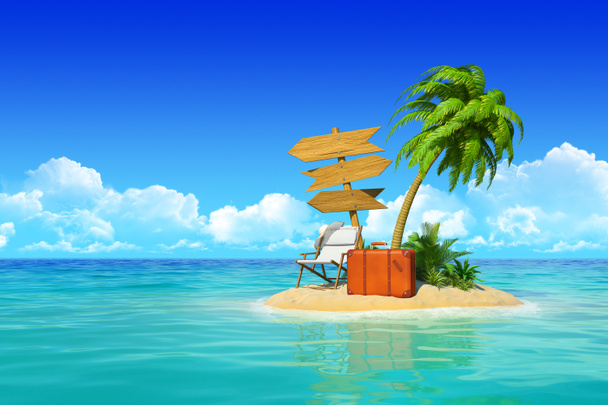 τροπικό νησί με σαλόνι μονίππων, βαλίτσα, ξύλινη πινακίδα, p - Φωτογραφία, εικόνα