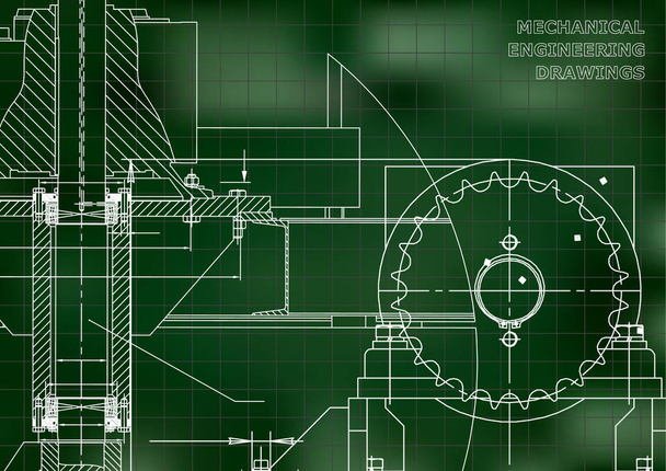 Ilustraciones técnicas. Planos. Dibujos mecánicos. Diseño técnico. Banner. Fondo verde. Rejilla
 - Vector, imagen